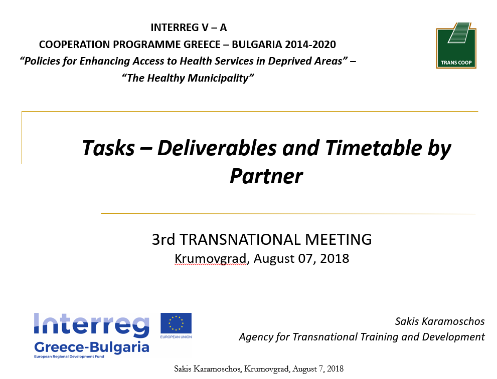 Taks - Deliverables and Timetable by Partner